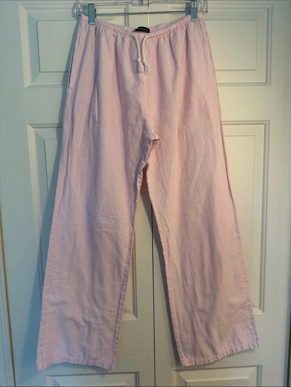 Brandy Melville Light Pink and White Striped Linen Drawstring Pants - Picture 1 of 4